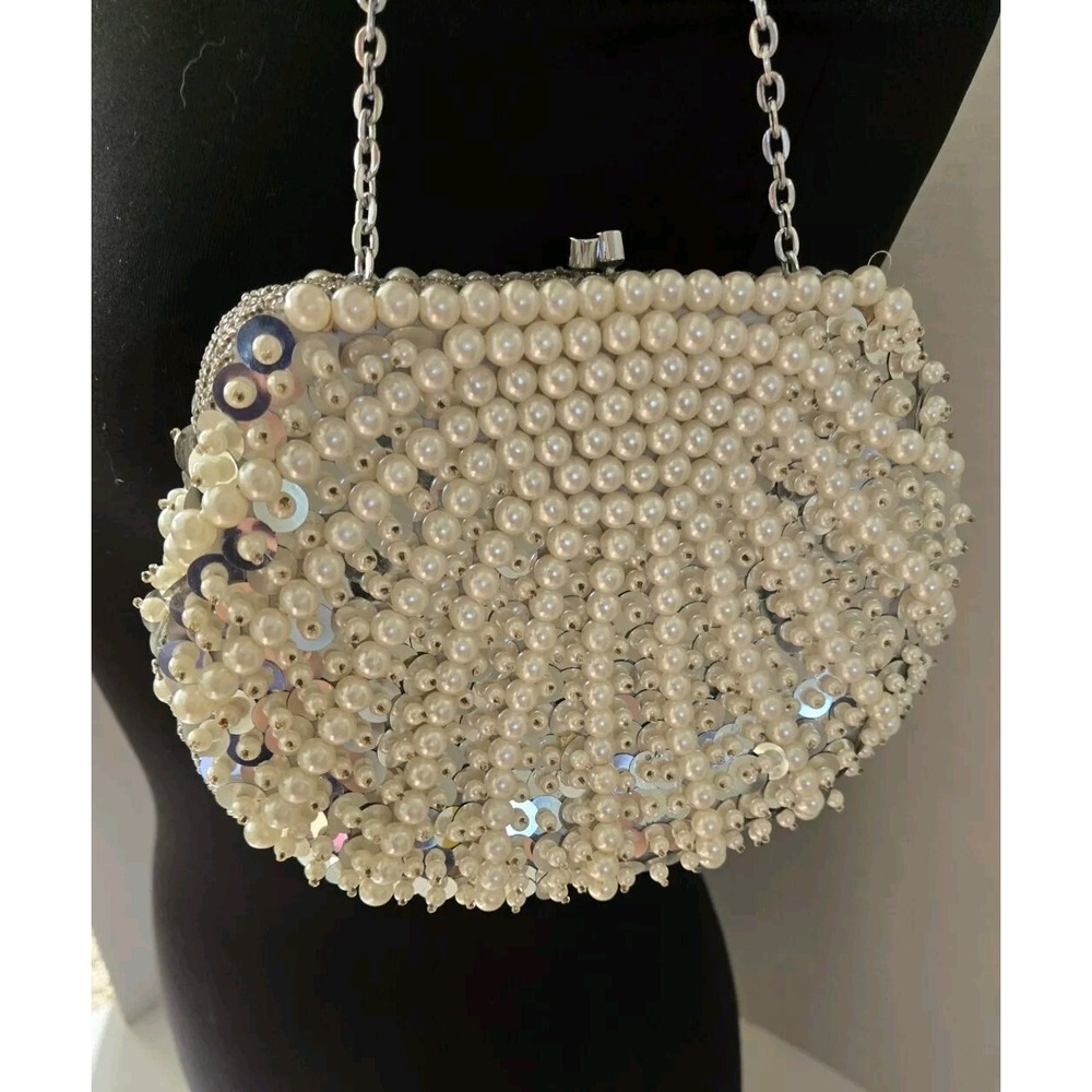 Vintage La Regale Silver/Pearl Bead Evening Bag Hong Kong Satin Lining  Kiss Lk